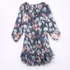 Rebecca Taylor Silk Floral Ruffle Hem Dress Gray Pink Tie Waist Long Sleeve 100%